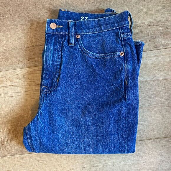 J.Crew Full Length Demi Boot Medium Wash Jean Size 27 or 4 raw hem - Picture 1 of 13